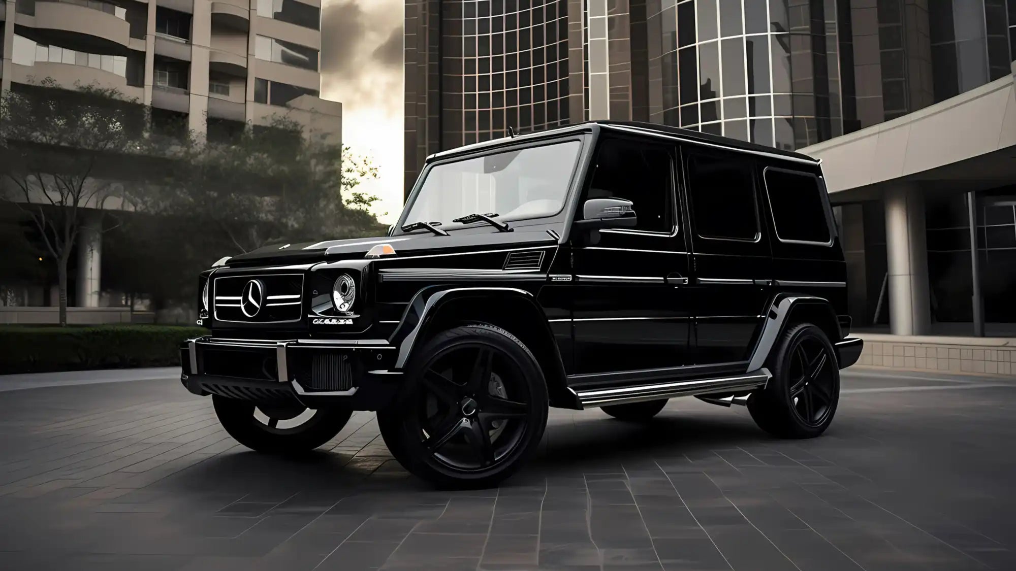 Black Mercedes-Benz G-Class SUV with dark wheels.